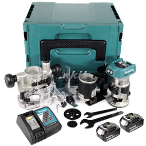 Makita DRT 50 RFJ X2 18 V Li-Ion Akku Brushless Multifunktionsfräse im Makpac inkl. Fräsmodule + 2x 3,0 Akku + Ladegerät