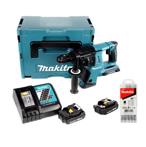 Makita DHR 264 RAJ Akku Bohrhammer 36 V ( 2 x 18 V ) 3,0 J SDS Plus + 2x Akku 2,0 Ah + Ladegerät + 5 tlg. Bohrer Set + Makpac