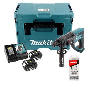 Makita DHR 202 RTJ 18 V Akku Kombihammer SDS-Plus im Makpac + 2x 5,0 Ah Akku + Ladegerät + 5 tlg. Hartmetall Bohrer Set für Mauerwerk und Beton