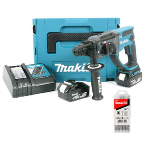 Makita DHR 202 RMJ 18 V Akku-Kombihammer SDS-Plus im Makpac mit 2 Akkus 4,0 Ah + Ladegerät + 5 tlg. Hartmetall Bohrer Set für Mauerwerk und Beton