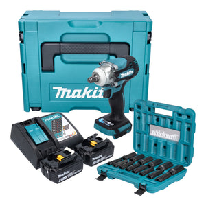 Makita DTW 300 TJX7 Akku Schlagschrauber 18 V 330 Nm 1/2" Brushless + 2x Akku 5,0 Ah + Ladegerät + Steckschlüssel Set 14 tlg. + Makpac
