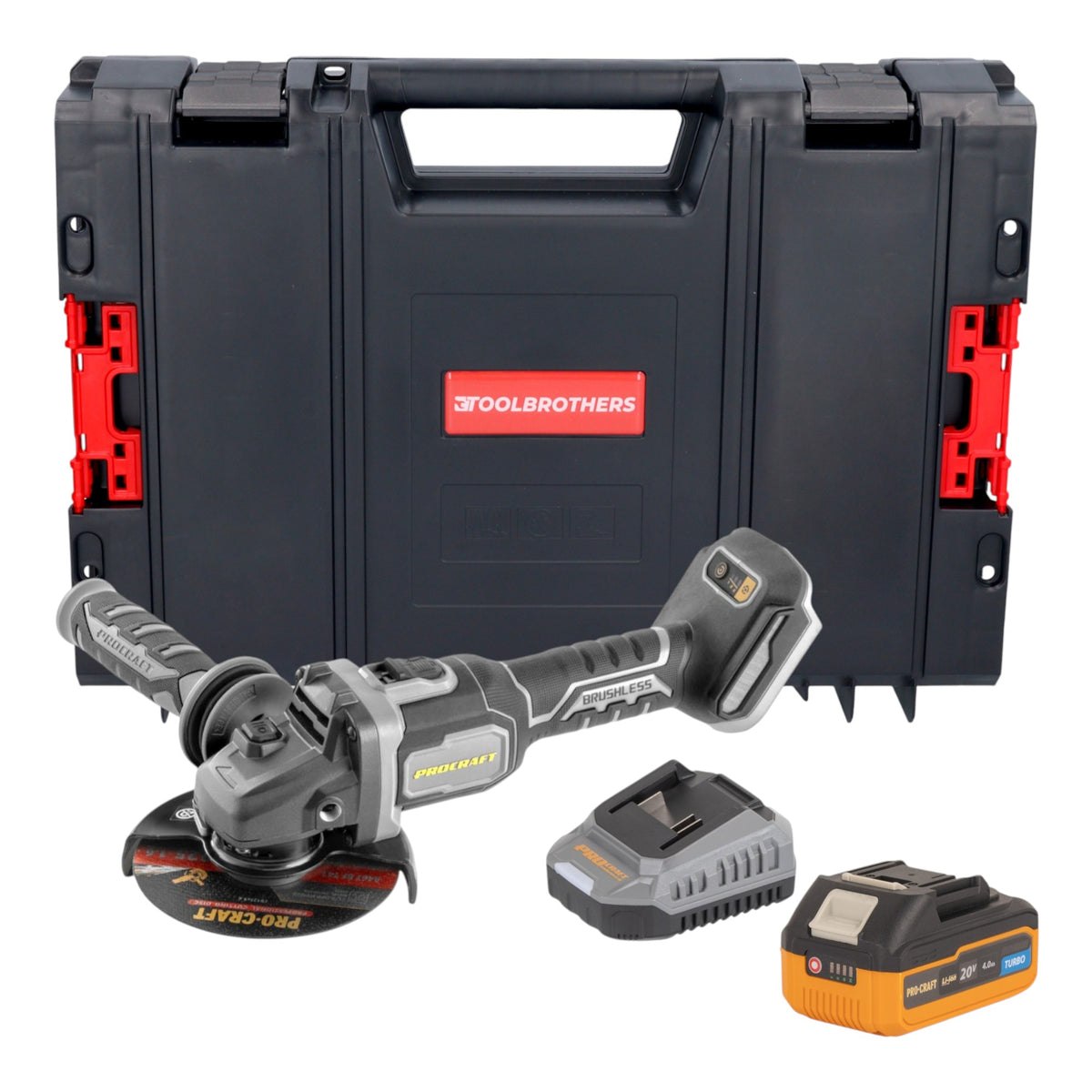 Procraft Industrial AG125Bbb Akku Winkelschleifer 20 V 125 mm Brushless + 1x Akku 4,0 Ah + Ladegerät + RHINO Toolcase