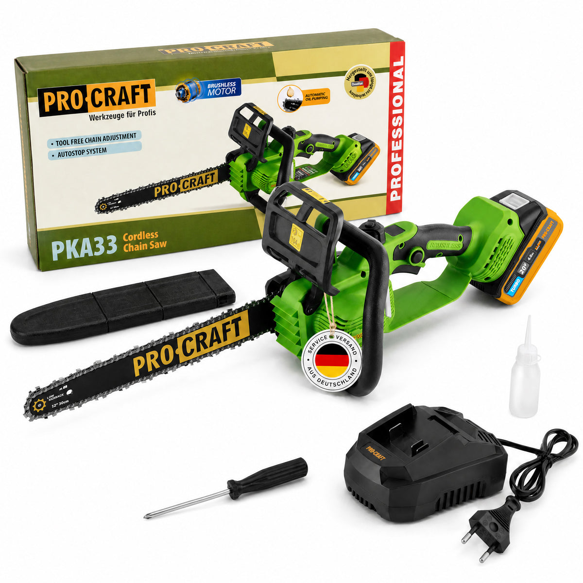 Procraft PKA33-1B Akku Kettensäge 20 V 304 mm Brushless + 1x Akku 4,0 Ah + Ladegerät