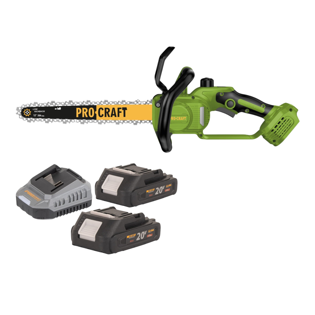 Procraft PKA33-BB Akku Kettensäge 20 V 304 mm Brushless + 2x Akku 2,0 Ah + Ladegerät