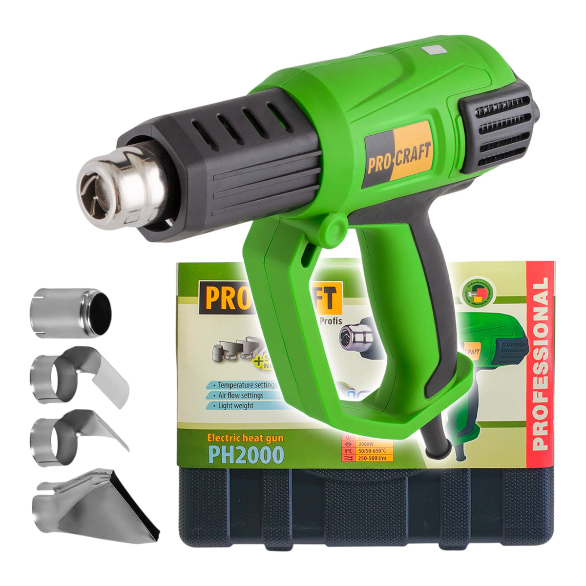 Procraft PH2000 Heißluftpistole 2000 Watt 50 - 650 °C + 4x Düse + Koffer