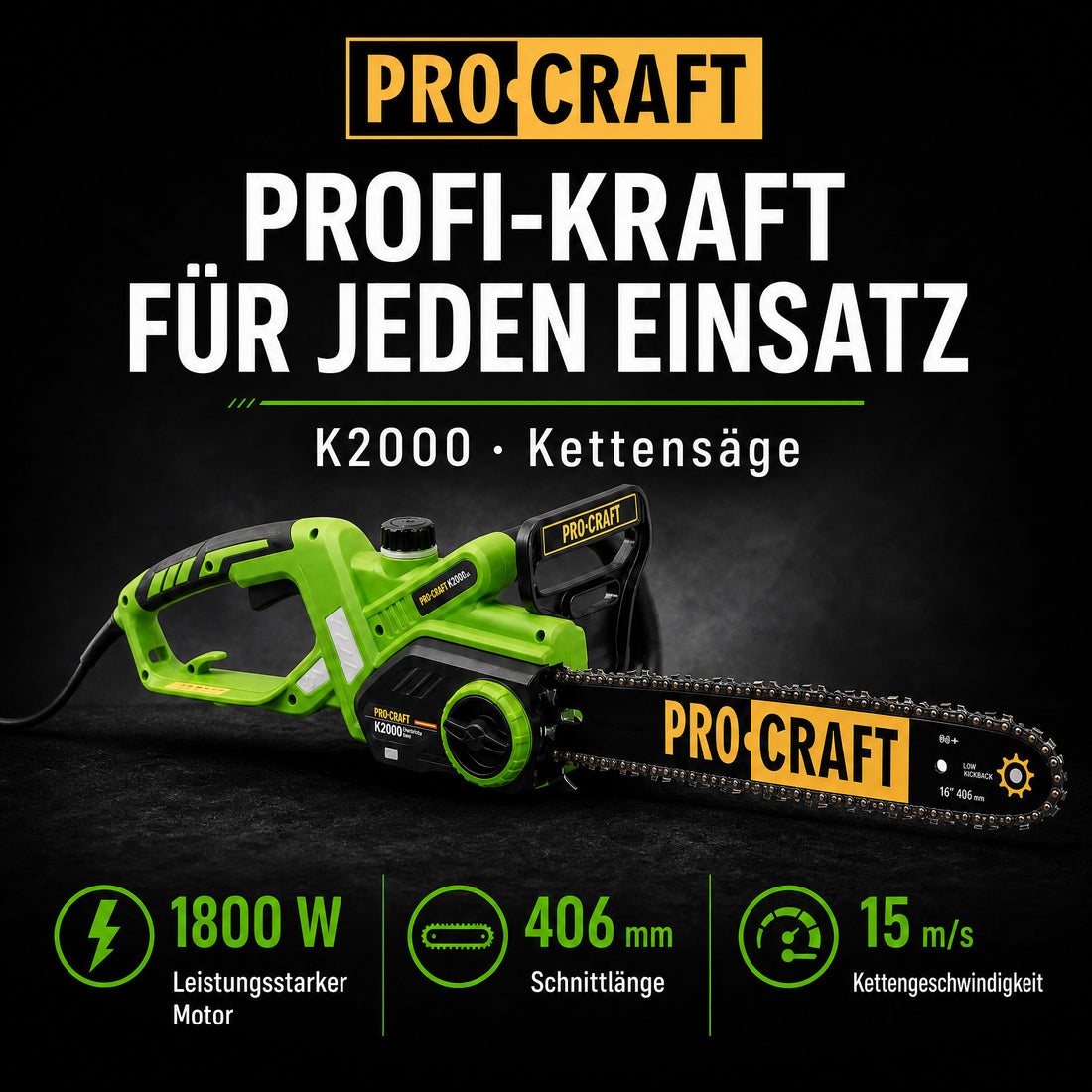 Procraft K2000 Kettensäge 1800 Watt 406 mm Schnittlänge