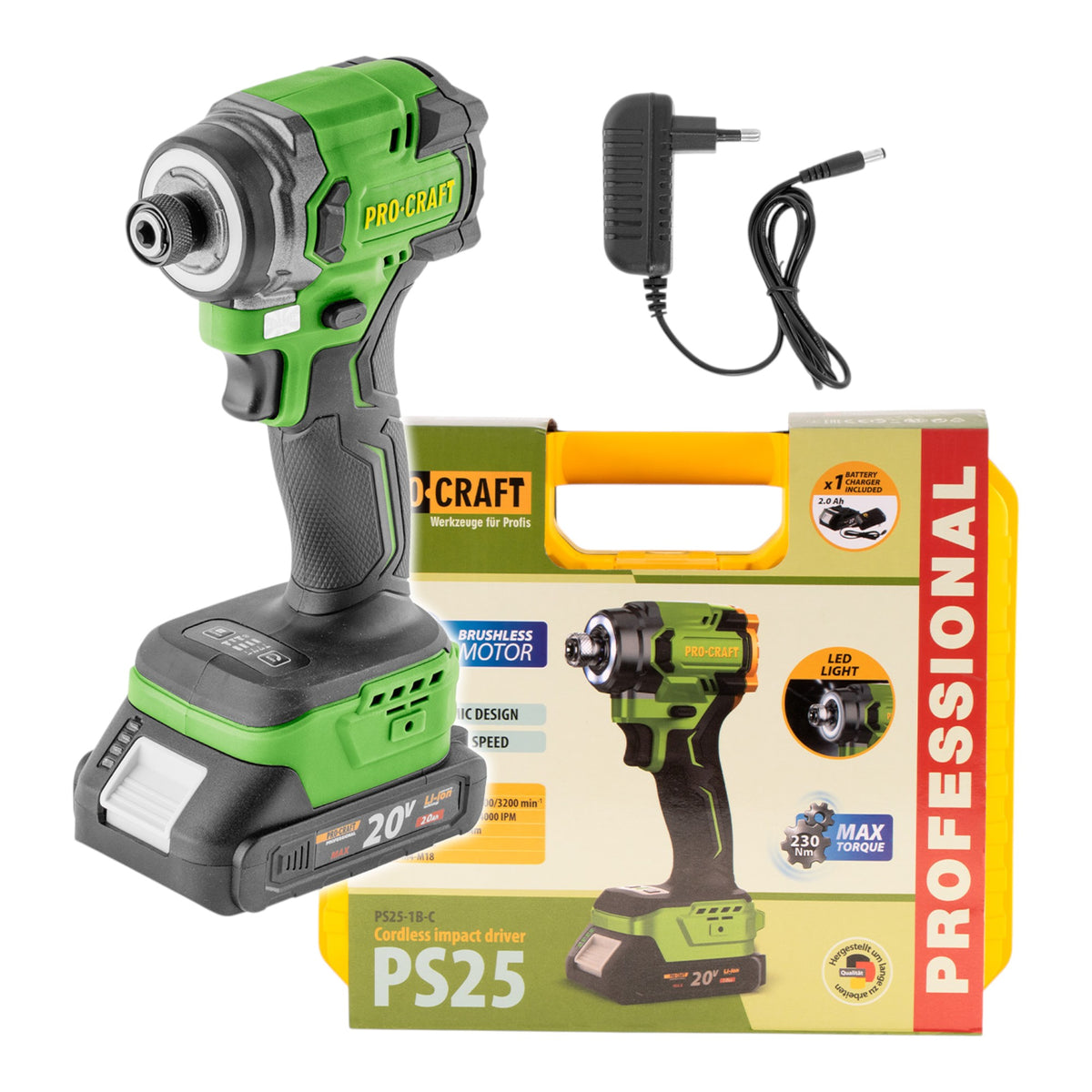 Procraft PS25-1B-C Akku Schlagschrauber 20 V 230 Nm 1/4" Brushless + 1x Akku 2,0 Ah + Ladegerät + Koffer