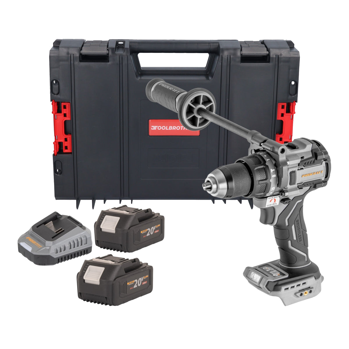 ProCraft Industrial CD20C-BB Akku Schlagbohrschrauber 20 V 120 Nm Brushless + 2x Akku 4,0 Ah + Ladegerät + RHINO Toolcase