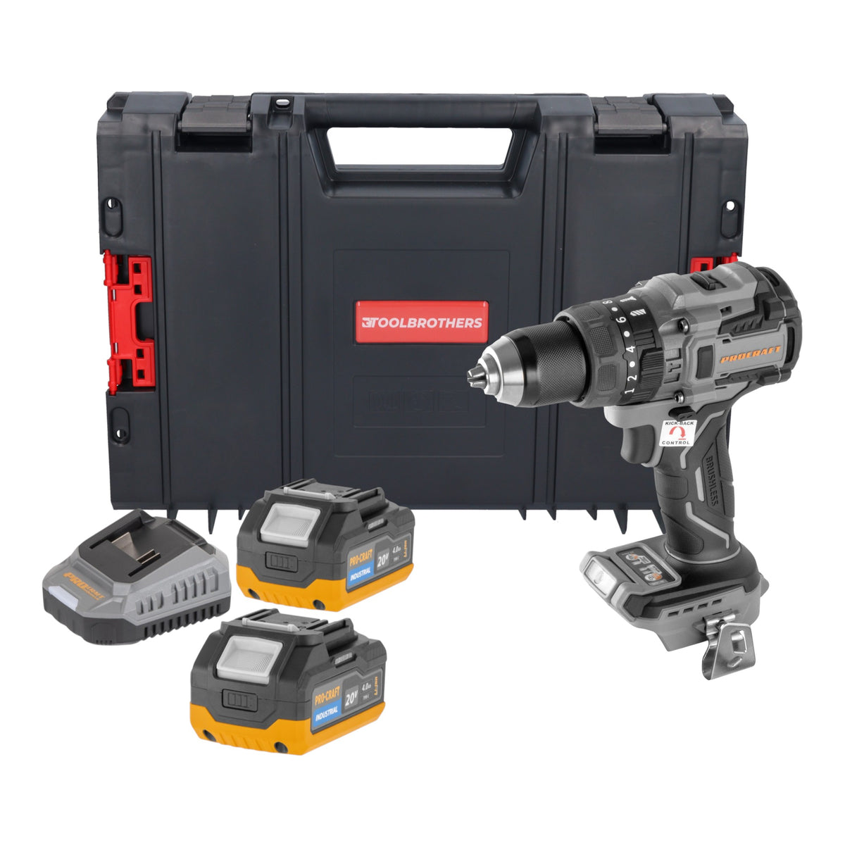 Procraft Industrial CD20B-BB Akku Schlagbohrschrauber 20 V 150 Nm Brushless + 2x Akku 4,0 Ah + Ladegerät + RHINO Toolcase