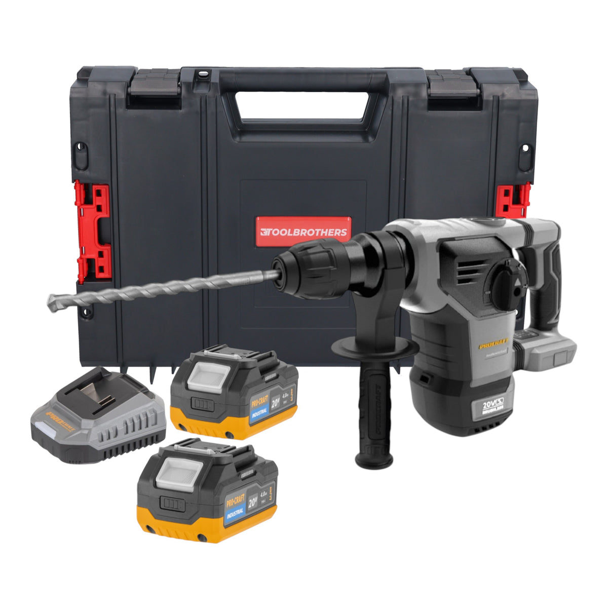 Procraft Industrial HD20B-BB Akku Kombihammer 20 V 5 J SDS plus Brushless + 2x Akku 4,0 Ah + Ladegerät + RHINO Toolcase