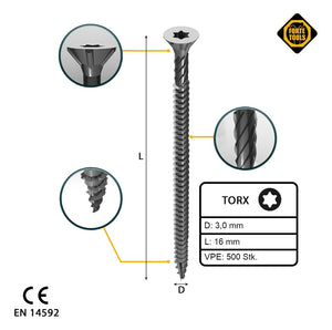 FORTE Tools Universal Holzschraube 3,0 x 16 mm T10 500 Stk. ( 000040113856 ) silber verzinkt Torx Senkkopf Vollgewinde