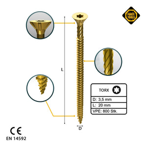 FORTE Tools Universal Holzschraube 3,5 x 20 mm T15 800 Stk. ( 4x 000051399466 ) gelb verzinkt Torx Senkkopf Vollgewinde