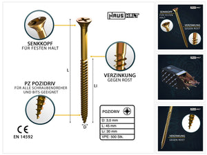 HausHalt Universal Holzbauschraube Holzschraube 3,0 x 45 mm PZ1 500 Stk. ( 000051371129 ) gelb verzinkt Kreuzschlitz Pozidriv Senkkopf Teilgewinde