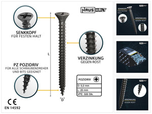 HausHalt Universal Holzbauschraube Holzschraube 5,0 x 20 mm PZ2 500 Stk. ( 000051371187 ) silber verzinkt Kreuzschlitz Pozidriv Senkkopf Vollgewinde