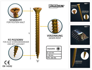 HausHalt Universal Holzbauschraube Holzschraube 5,0 x 40 mm PZ2 500 Stk. ( 000051371192 ) gelb verzinkt Kreuzschlitz Pozidriv Senkkopf Vollgewinde