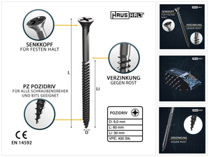 HausHalt Universal Holzbauschraube Holzschraube 6,0 x 60 mm PZ3 400 Stk. ( 2x 000051371229 ) silber verzinkt Kreuzschlitz Pozidriv Senkkopf Teilgewinde