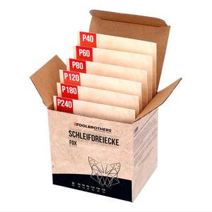 Toolbrothers FOX Schleifset Delta Schleifdreiecke 93 x 93 x 93 mm Klett 6 Loch je 10x P40 / P60 / P80 / P120 / P180 / P240 für Hartholz, Weichholz, Lack, Stein, Stahl, Aluminium, Furnier