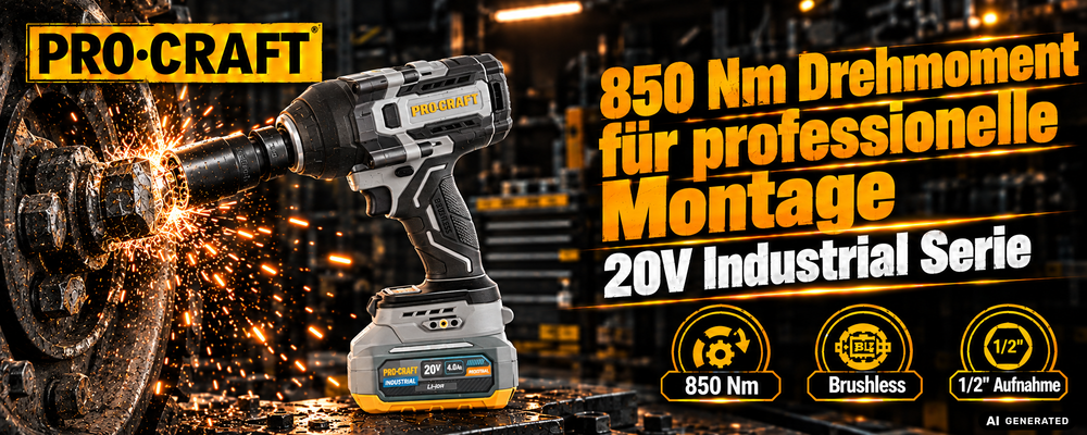 ProCraft Industrial IW850A-BB Akku Schlagschrauber 20 V 850 Nm 1/2" Brushless + 1x Akku 4,0 Ah + Ladegerät