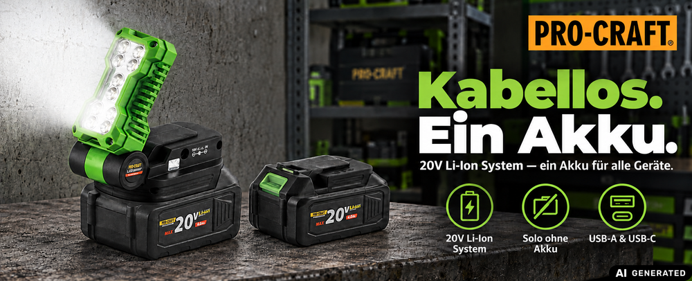Procraft LL20bb Akku LED Strahler 20 V 500 lm + 1x Akku 4,0 Ah + Ladegerät