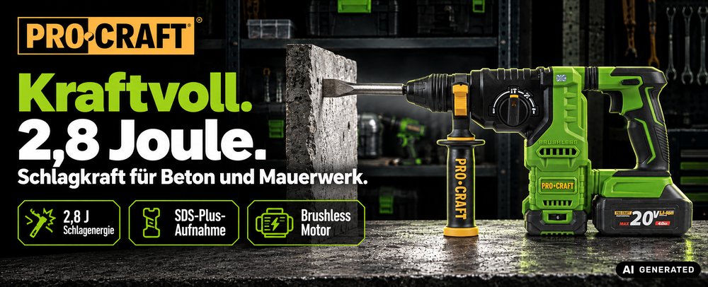 Procraft PHA30bb Akku Bohrhammer 20 V 2,8 J SDS plus Brushless + 1x Akku 2,0 Ah + Ladegerät + RHINO Toolcase