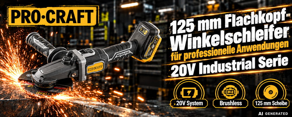 Procraft Industrial AG125Cbb Akku Flachkopf Winkelschleifer 20 V 125 mm Brushless + 1x Akku 2,0 Ah + Ladegerät + RHINO Toolcase