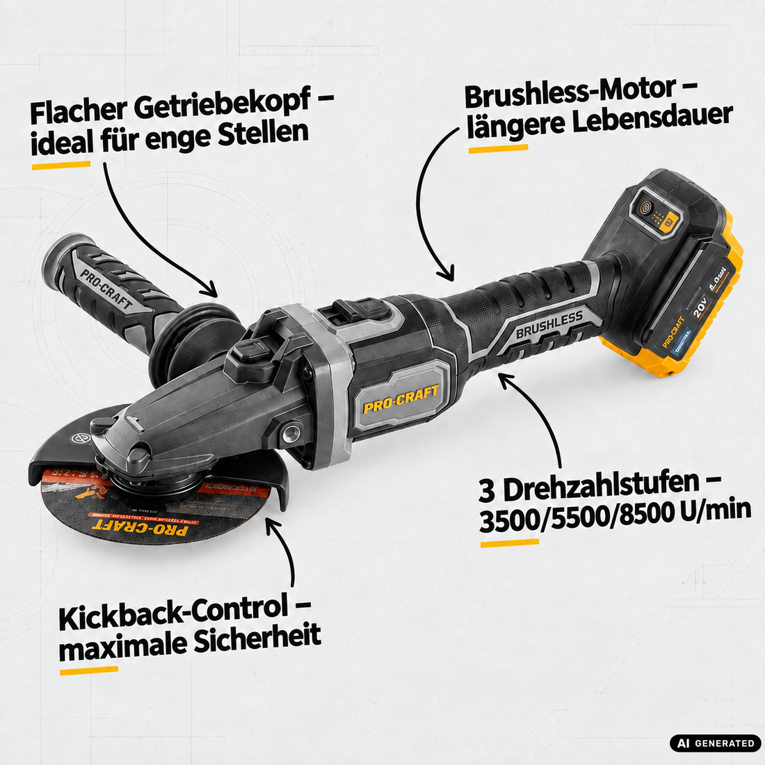 Procraft Industrial AG125Cbb Akku Flachkopf Winkelschleifer 20 V 125 mm Brushless + 1x Akku 2,0 Ah + Ladegerät + RHINO Toolcase