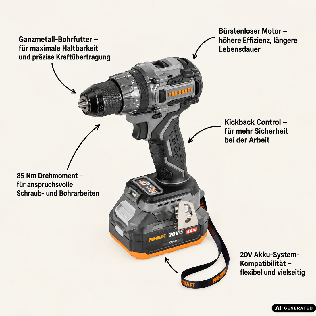Procraft Industrial CD20Abb Akku Schlagbohrschrauber 20 V 85 Nm + 1x Akku 4,0 Ah + Ladegerät + RHINO Toolcase