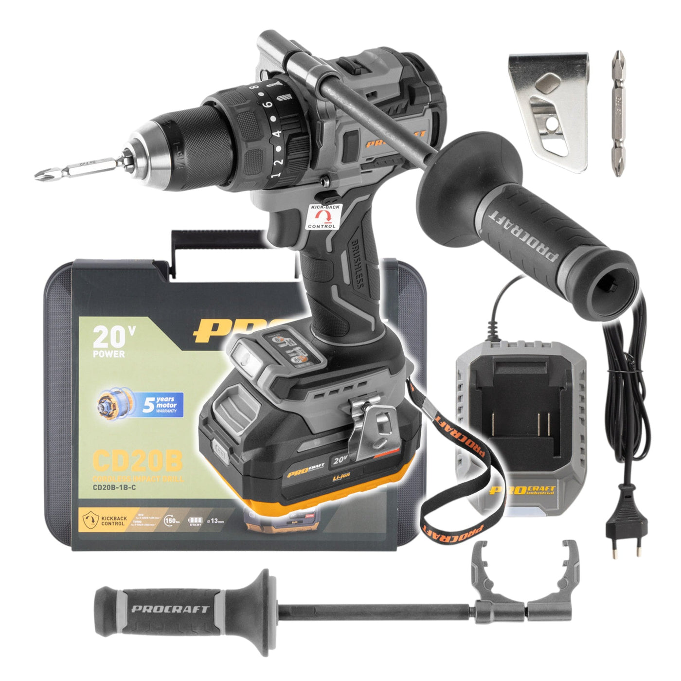 Procraft Industrial CD20B-1b Akku Bohrschrauber 20 V 150 Nm + 1x Akku 4,0 Ah + Ladegerät + Koffer