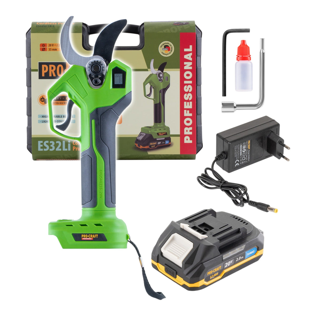 Procraft ES32Li Akku Astschere 20 V Brushless + 1x Akku 2,0 Ah + Ladegerät + Koffer