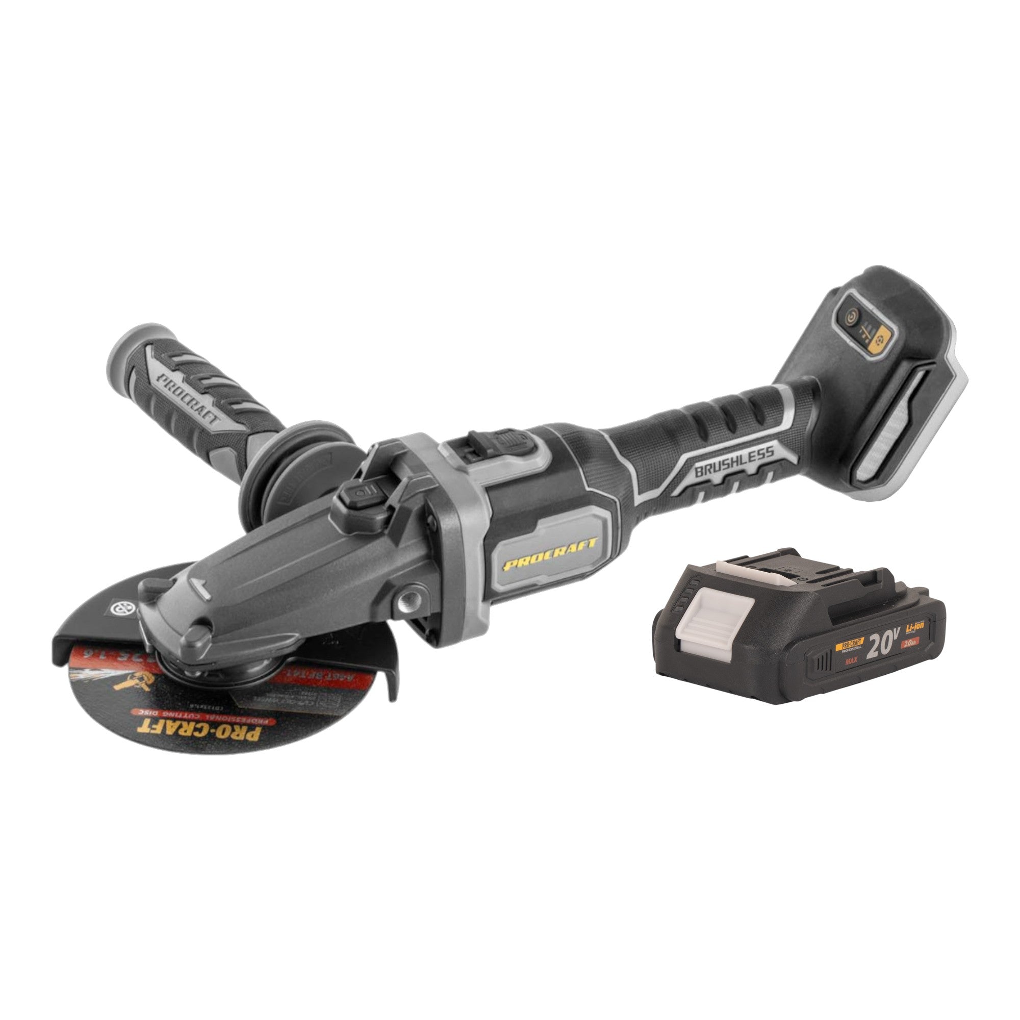 Procraft Industrial AG125Cbb Akku Flachkopf Winkelschleifer 20 V 125 mm Brushless + 1x Akku 2,0 Ah - ohne Ladegerät