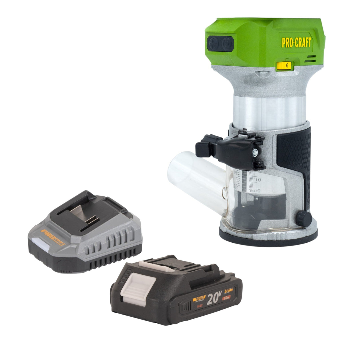 Procraft POB24bb Akku Multifunktionsfräse 20 V 6 / 8 mm Brushless + 1x Akku 2,0 Ah + Ladegerät
