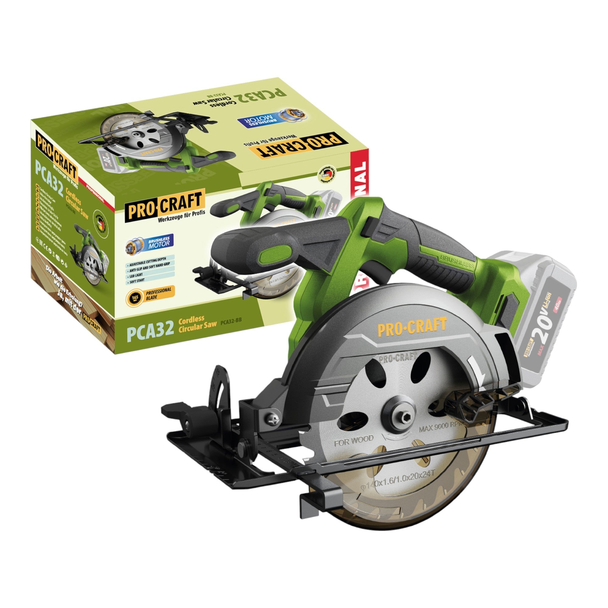 Procraft PCA32-BB Akku Handkreissäge 20 V 165 mm Brushless Solo - ohne Akku, ohne Ladegerät