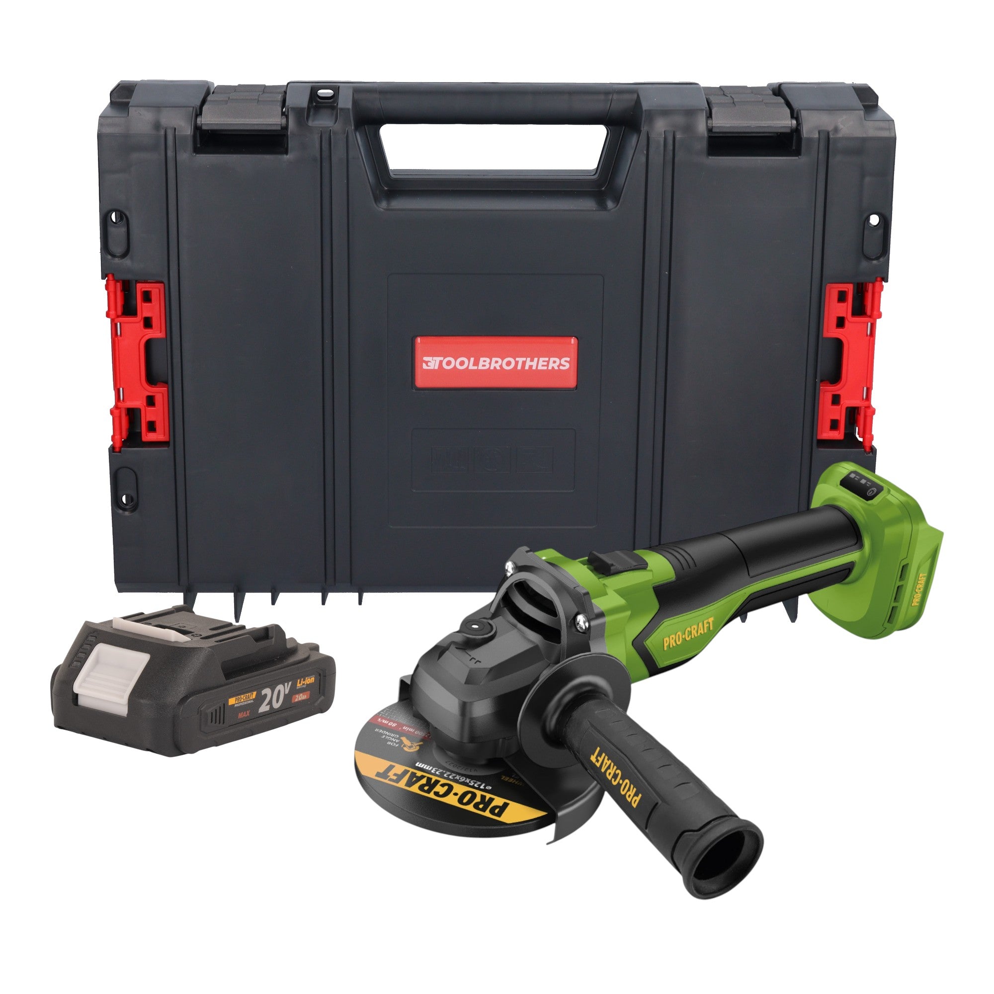 Procraft PGA22-BB Akku Winkelschleifer 20 V 125 mm Brushless + 1x Akku 2,0 Ah + RHINO Toolcase - ohne Ladegerät