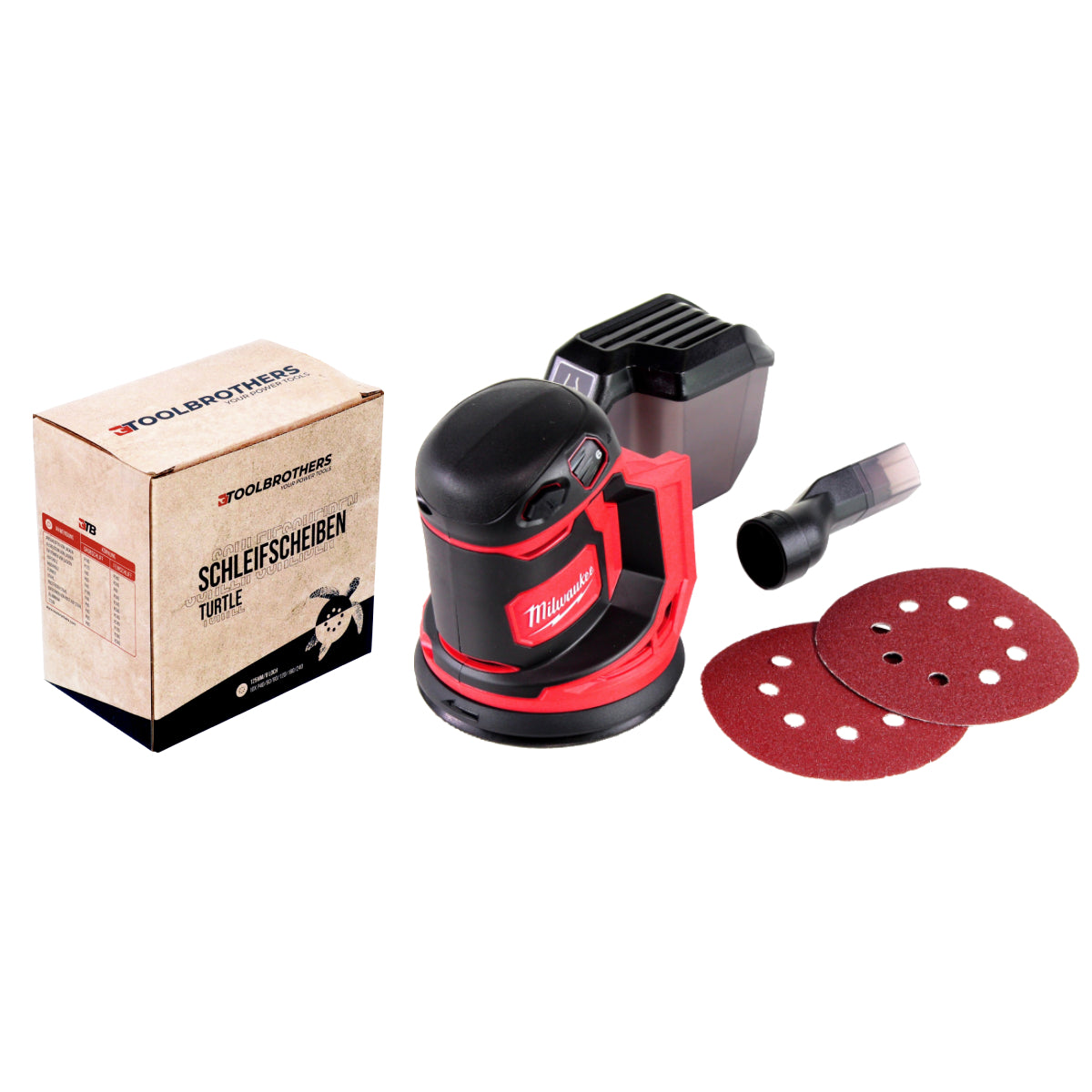 Toolbrothers TURTLE Schleifset 125mm + Milwaukee M18 BOS125-0 Akku Exzenterschleifer 18V 125mm Solo - ohne Akku, ohne Ladegerät