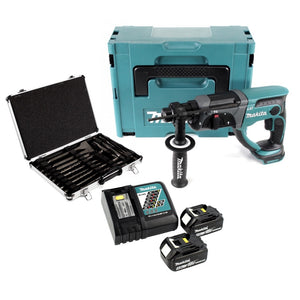 Makita DHR 202 RTJ 18 V Akku Kombihammer SDS-Plus im Makpac + 2x 5,0 Ah Akku + DC18RC Ladegerät + D-42444 SDS-Plus Bohrer-Meißel-Set 17 tlg. im Alu Koffer