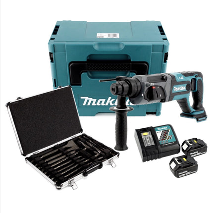 Makita DHR 241 RTJ Akku Bohrhammer 18 V Li-Ion mit SDS-Plus Aufnahme im Makpac + 2x BL 1850 B 5,0 Ah Akku + DC 18 RC Schnellladegerät + Makita D-42444 SDS-Plus Bohrer-Meißel-Set 17 tlg. im Alu Koffer - Toolbrothers
