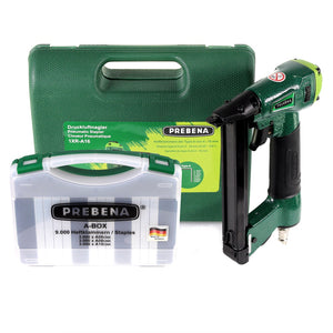 Prebena 1XR-A16 Luftdruck Druckluftnagler im Transportkoffer + A-BOX 9.000 Heftklammern / Staples