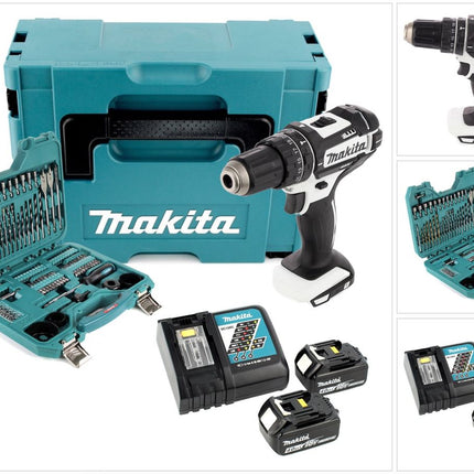 Makita DHP 482 RMJW Akku Schlagbohrschrauber 18 V 62 Nm weiß + 2x Akku 4,0Ah + Ladegerät + 100 tlg. Bit & Bohrer Set + Makpac - Toolbrothers