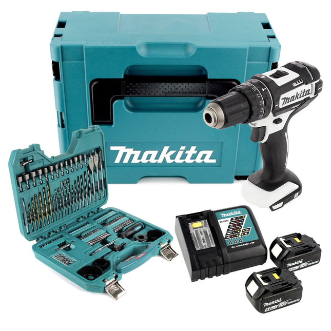 Makita DHP 482 RTJ W Akku Schlagbohrschrauber 18 V 62Nm im Makpac + 2x 5,0 Ah Akku + Ladegerät + 101 tlg. Bit & Bohrer Set - Toolbrothers