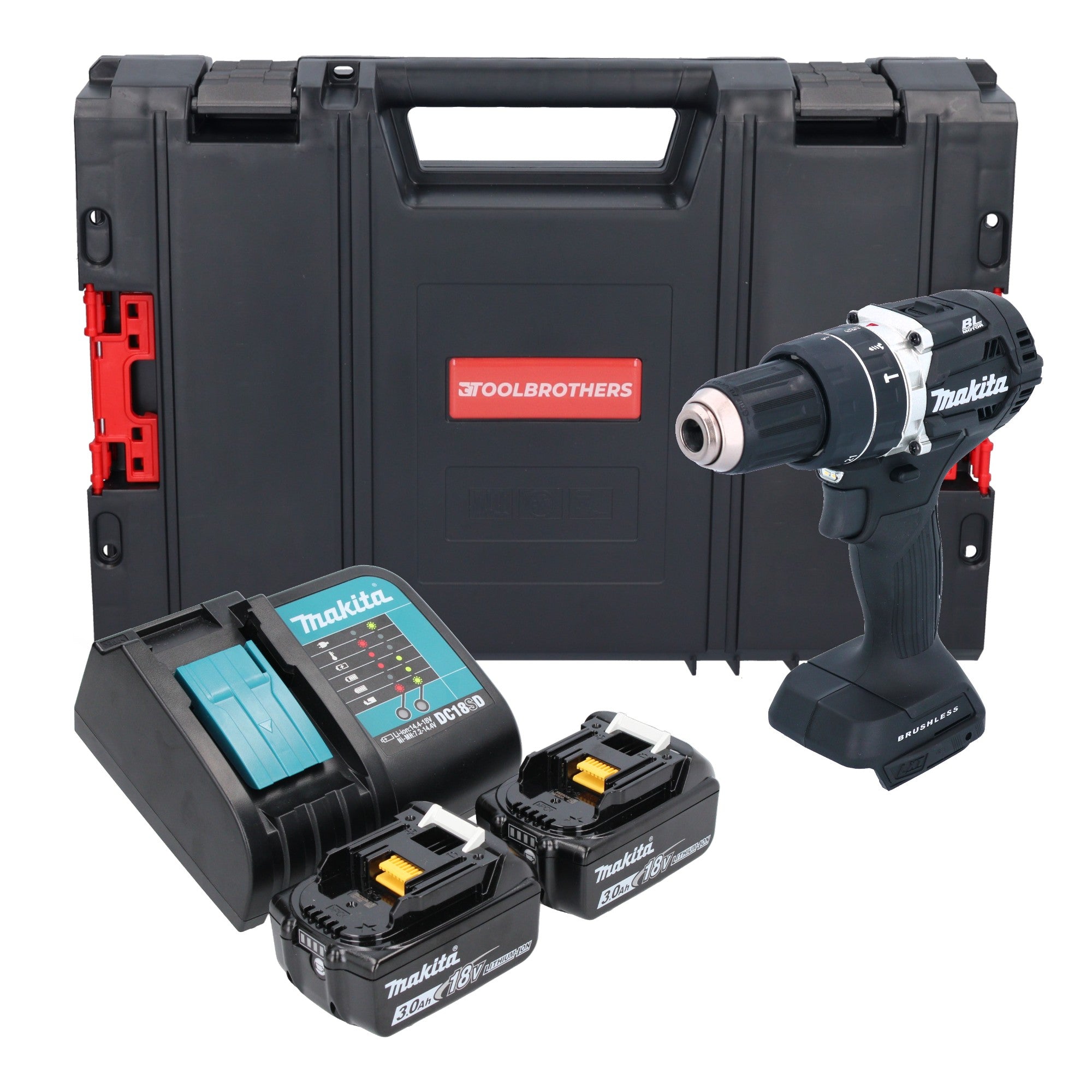 Makita DHP 484 SFJB R Akku Schlagbohrschrauber 18 V 54 Nm Brushless Schwarz 2x Akku 3 0 Ah Ladegeraet RHINO 0 - toolbrothers