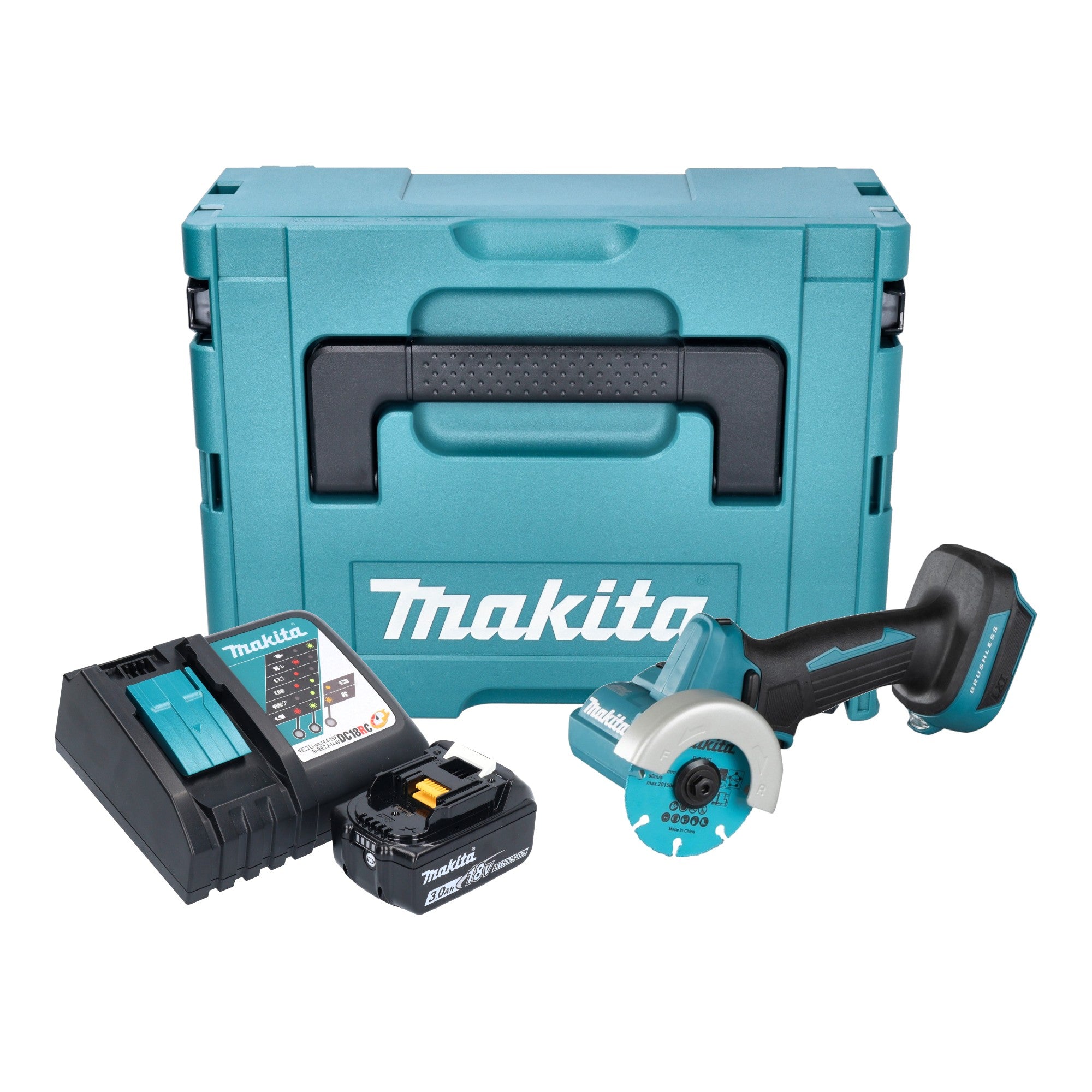 Makita DMC 300 RF1J Akku Winkelschleifer 18 V 76 mm Brushless 1x Akku 3 0 Ah Ladegeraet Makpac 0 - toolbrothers