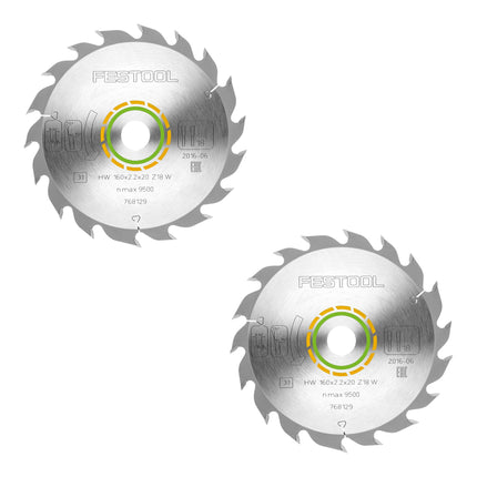Festool HW 160x2,2x20 W18 hoja de sierra circular WOOD STANDARD 2 piezas ( 2x 768129 ) 160 x 2,2 x 20 mm 18 dientes para todos los materiales derivados de la madera, madera maciza, cartón yeso