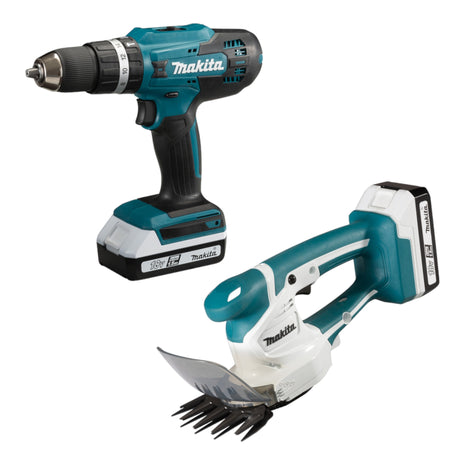 Set speciale Makita DK18B56Y con trapano a percussione HP488D e cesoie per erba UM110D 18 V serie G + 2 batterie da 1,5 Ah + caricabatterie