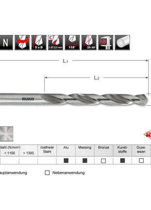 Trapano RUKO DIN 338 tipo N Ø nominale 10 mm ( 4000600229 )