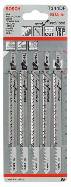 Hoja de sierra de calar BOSCH T 344 DF Speed para madera dura L.152mm paso de diente 4mm ( 4000837569 )