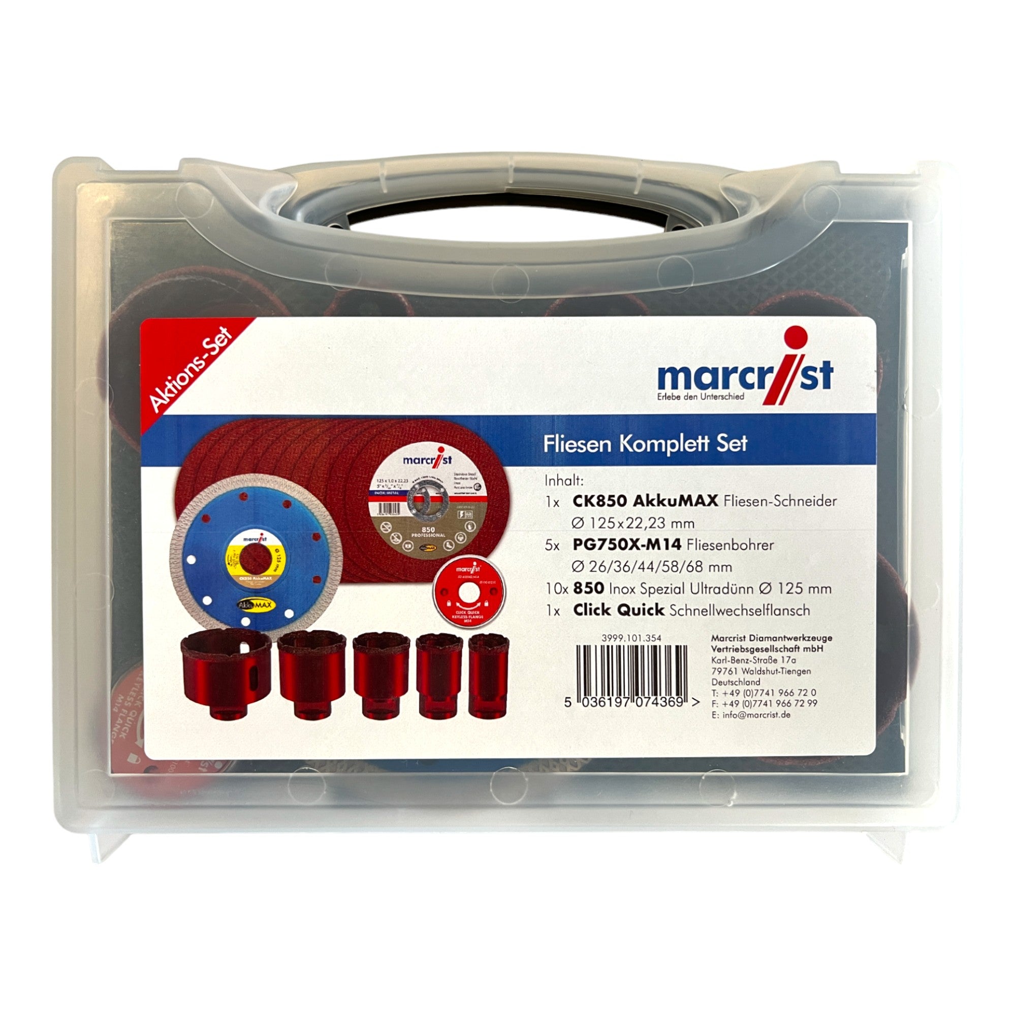 Marcrist Fliesen Komplett Set 125 mm 1x Fliesenschneider 5x Fliesenbohrer 10x Inox Trennscheibe 1x Schnellwechselflansch 3999 101 354 Koffer  1 - toolbrothers