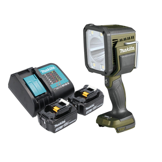 Foco de mano inalámbrico Makita DML 812 SF 18 V 1250 lm LED verde oliva outdoor adventure special edition + 2x batería recargable 3,0 Ah + cargador