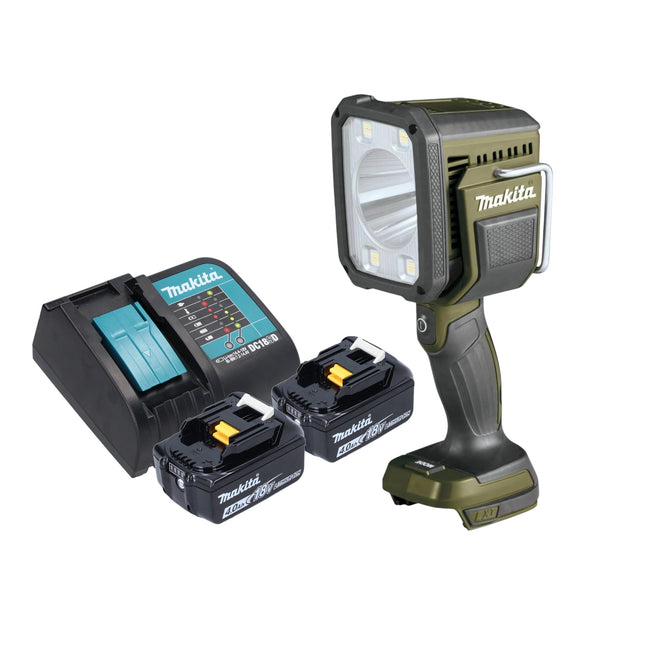 Makita DML 812 SM rechargeable hand-held spotlight 18 V 1250 lm LED olive green outdoor adventure special edition + 2x rechargeable battery 4.0 Ah + charger