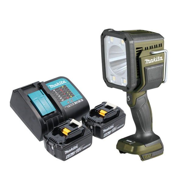 Foco de mano inalámbrico Makita DML 812 SG 18 V 1250 lm LED verde oliva outdoor adventure special edition + 2x batería recargable 6,0 Ah + cargador