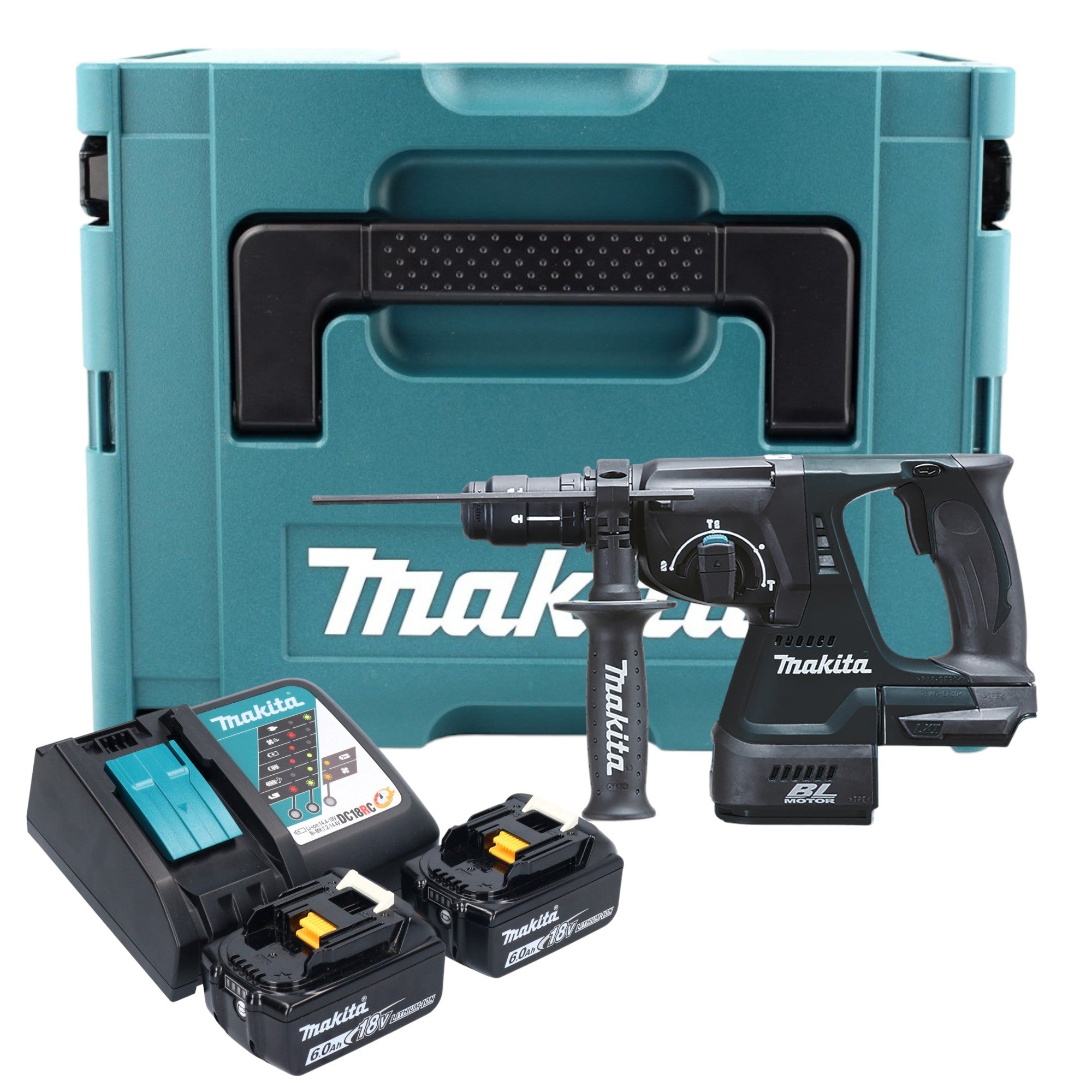 Makita DHR 243 RGJ B Akku Kombihammer 18 V 2 0 J SDS Plus schwarz 2x Akku 6 0 Ah Ladegeraet Schnellwechselfutter Makpac 0 - toolbrothers